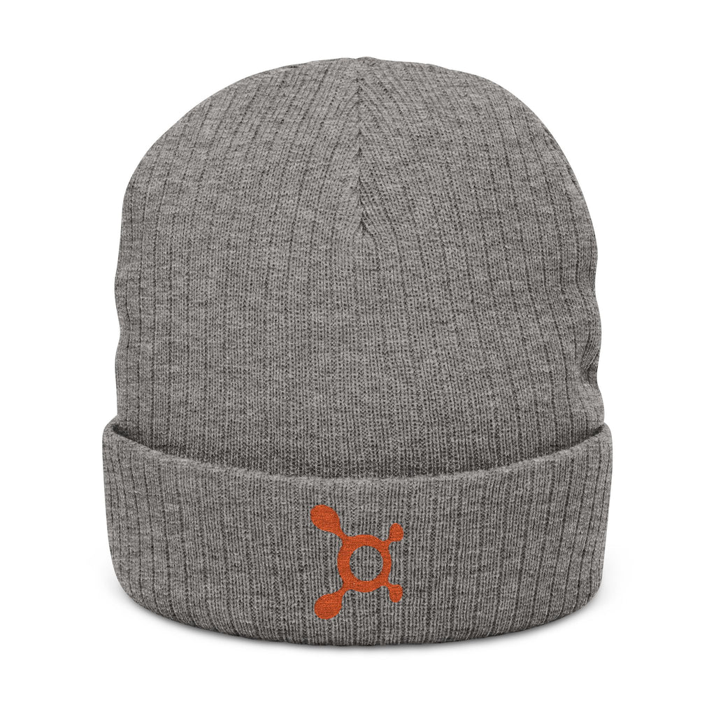 Ribbed Knit Beanie — Gray Embroidered Orange Logo Winter Hat