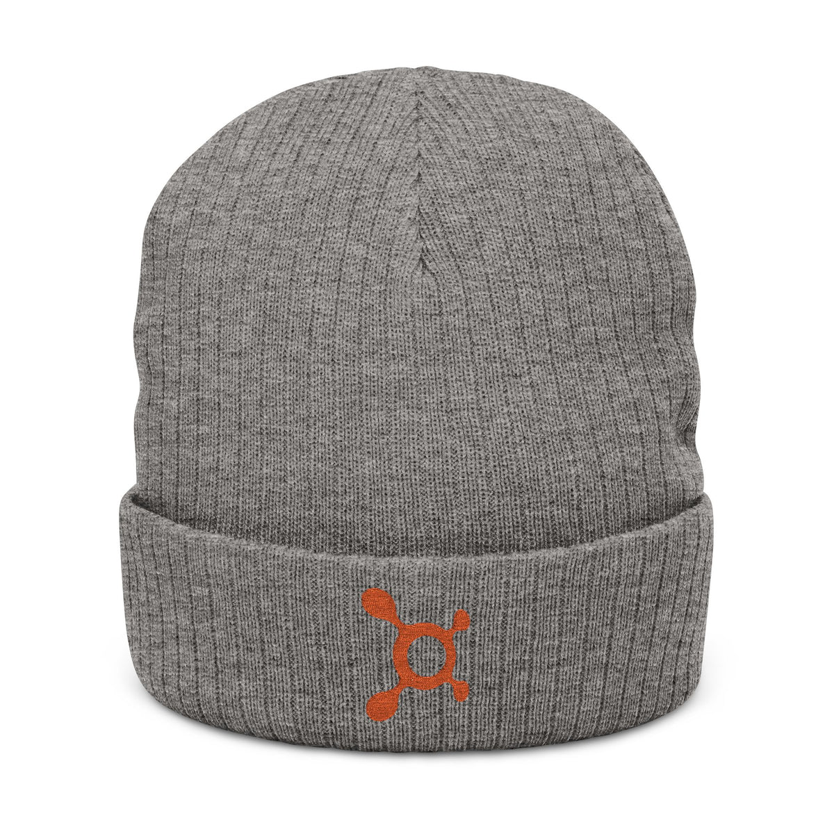 Ribbed Knit Beanie — Gray Embroidered Orange Logo Winter Hat