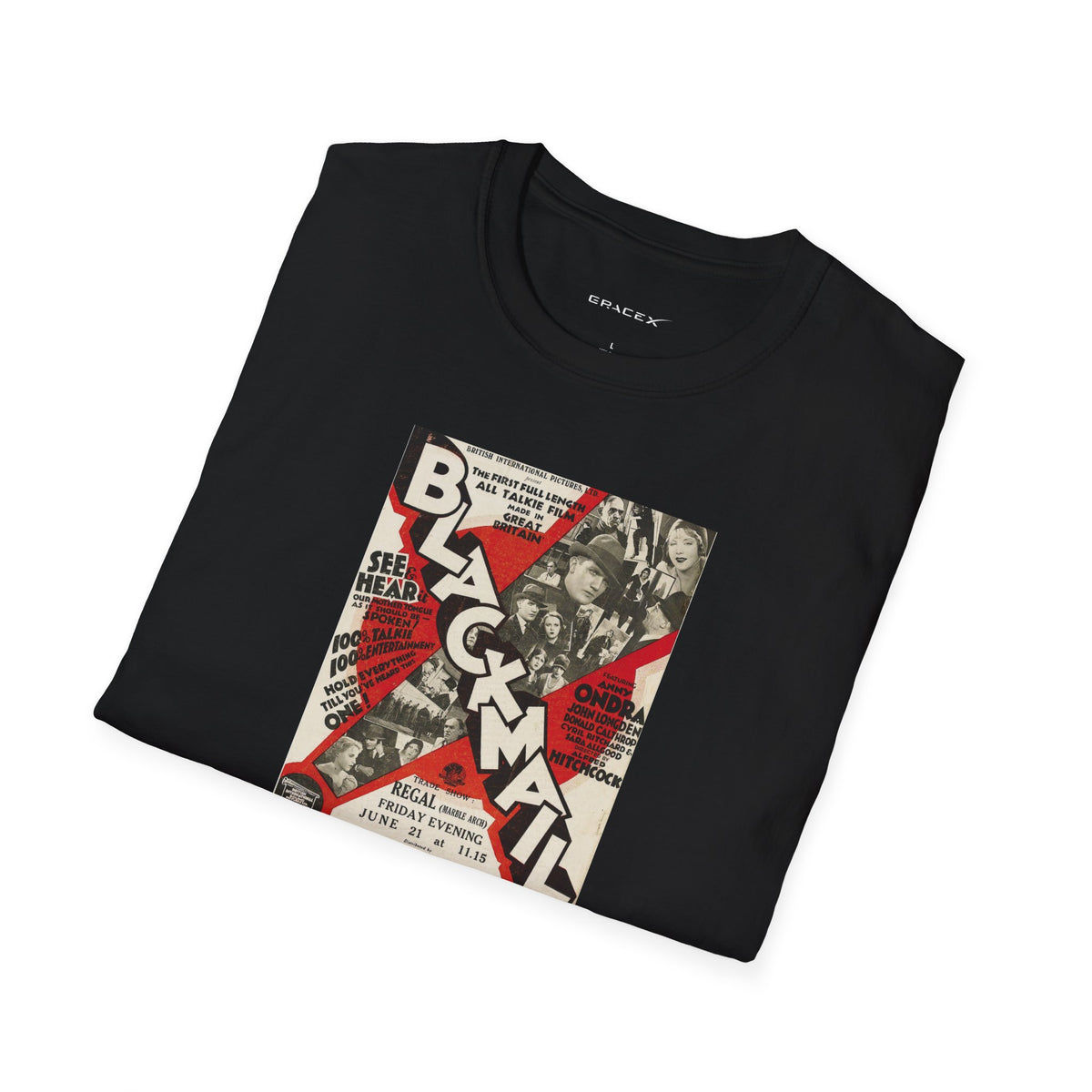 GraceX - Vintage Film Series Tees - Alfred Hitchcock’s Blackmail Movie Poster T-Shirt | Unisex Tee for Everyday Casual Wear, Perfect Gift for Movie Lovers, Artists