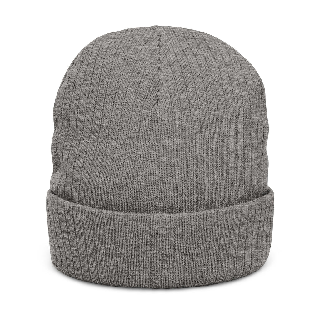Ribbed Knit Beanie — Gray Embroidered Orange Logo Winter Hat