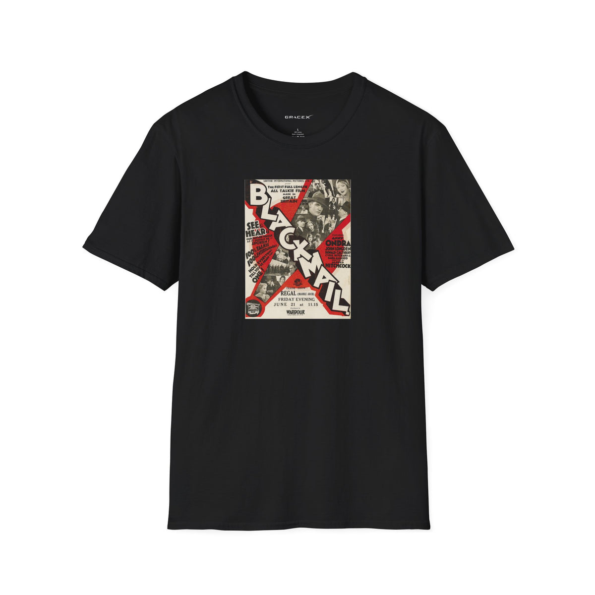 GraceX - Vintage Film Series Tees - Alfred Hitchcock’s Blackmail Movie Poster T-Shirt | Unisex Tee for Everyday Casual Wear, Perfect Gift for Movie Lovers, Artists